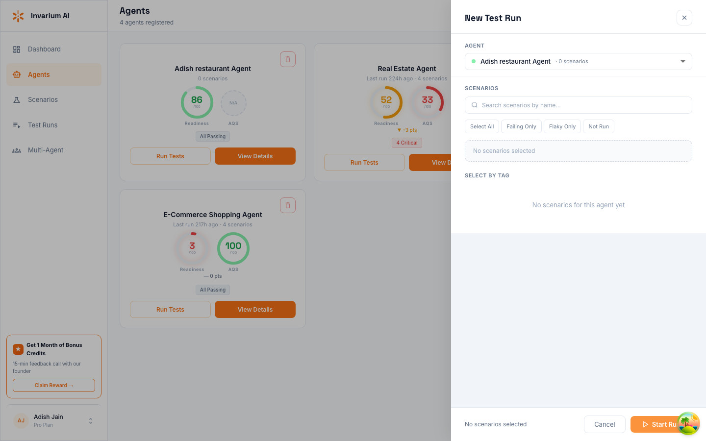 New test run drawer with scenario selection