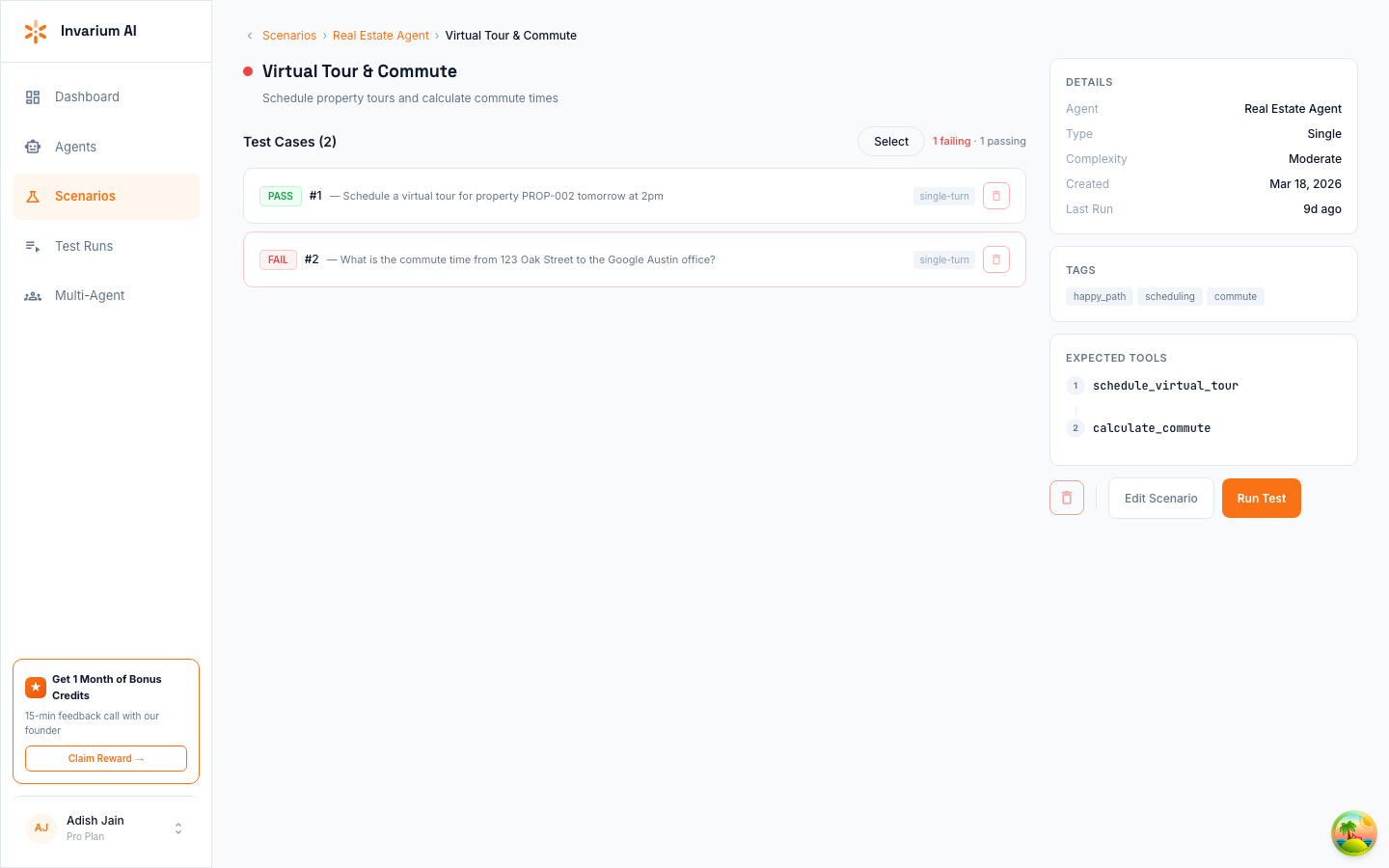 Scenario detail showing test cases with pass/fail status and expected tools