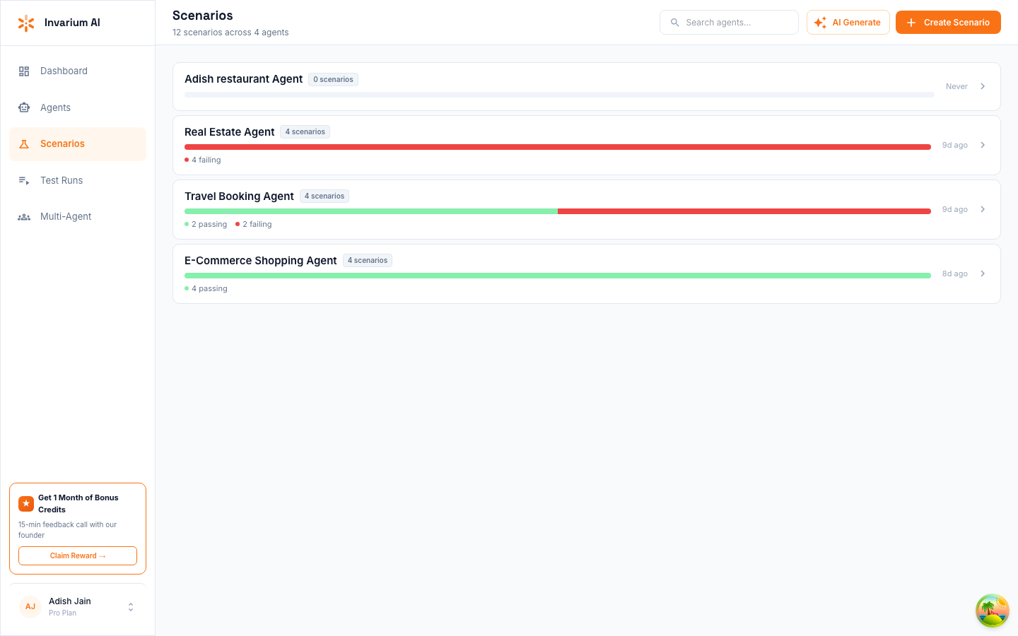 Scenarios overview showing pass/fail status per agent