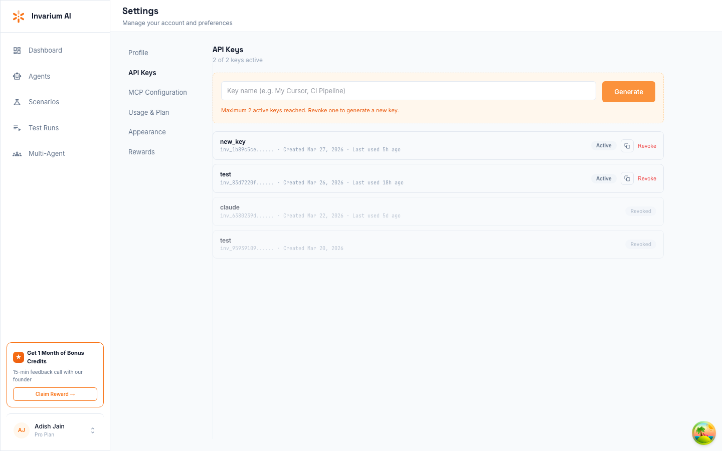 Invarium Settings — API Keys tab