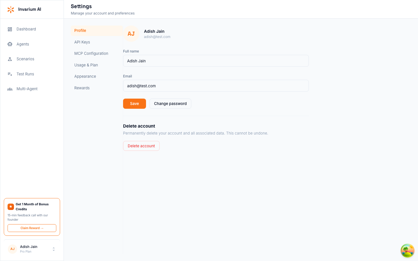 Settings Profile page with Change password and Delete account