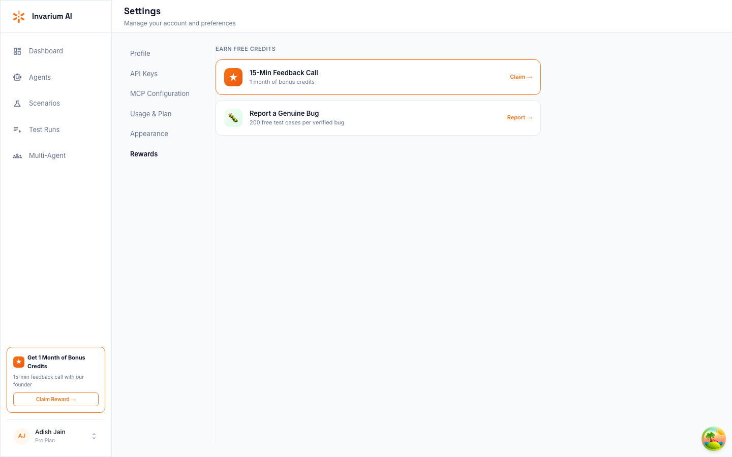 Settings Rewards tab with bug report option