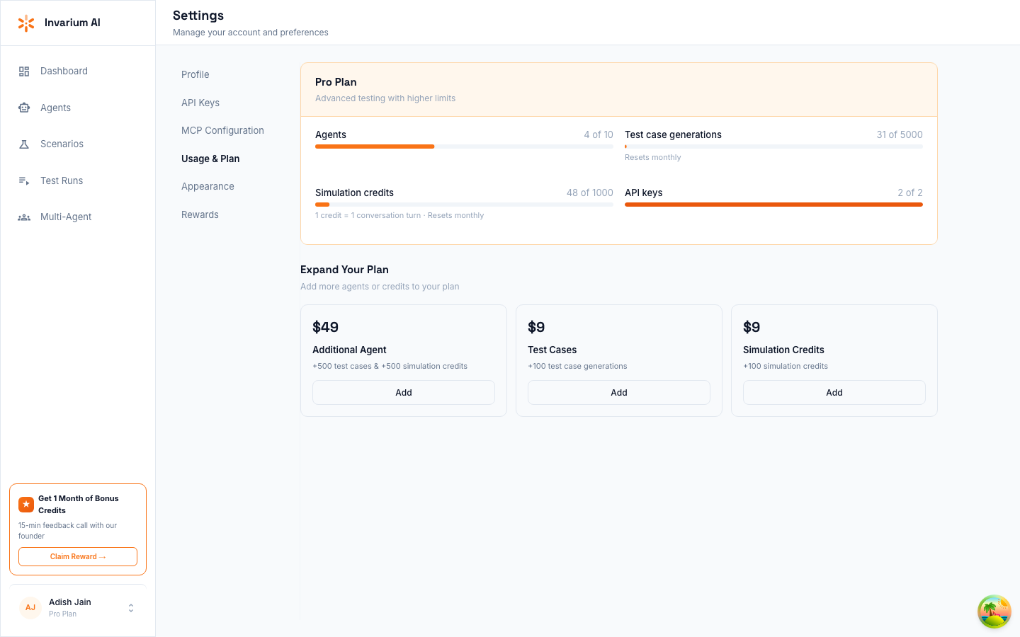 Settings Usage & Plan tab