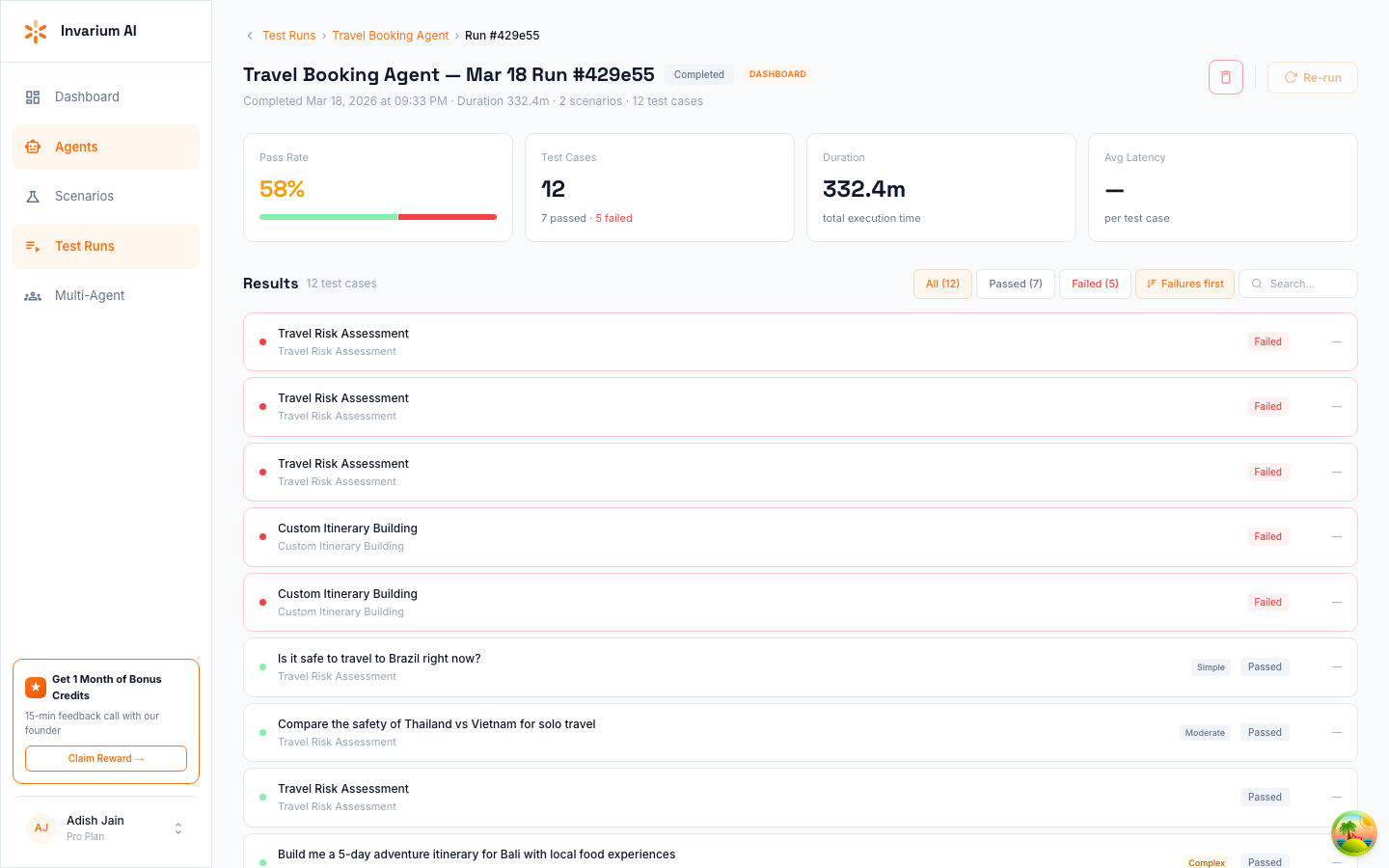 Test run detail showing pass rate, results, and individual test cases