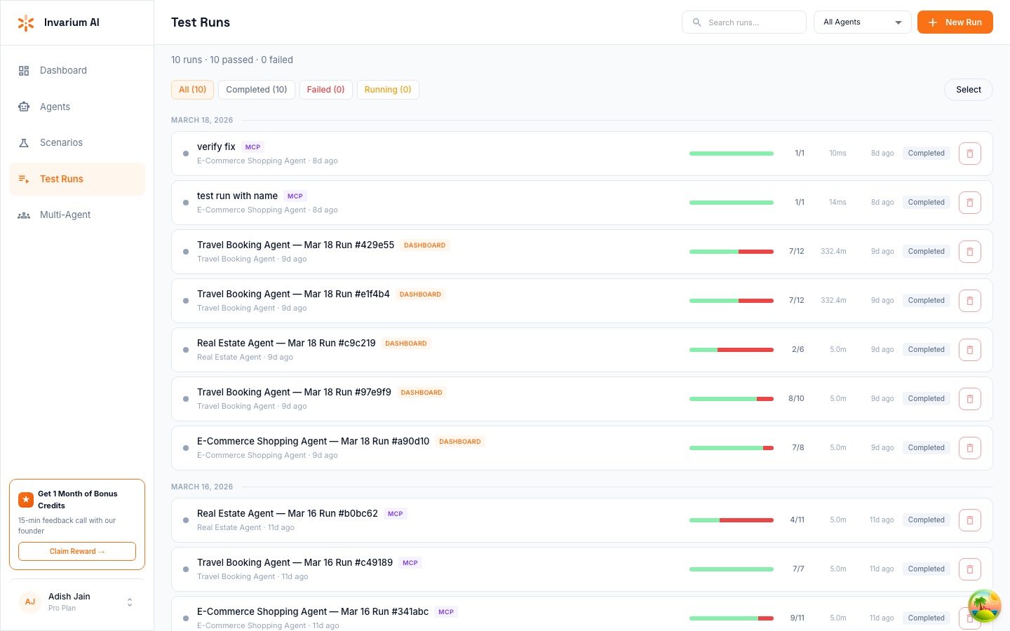 Invarium Test Runs page showing status tabs